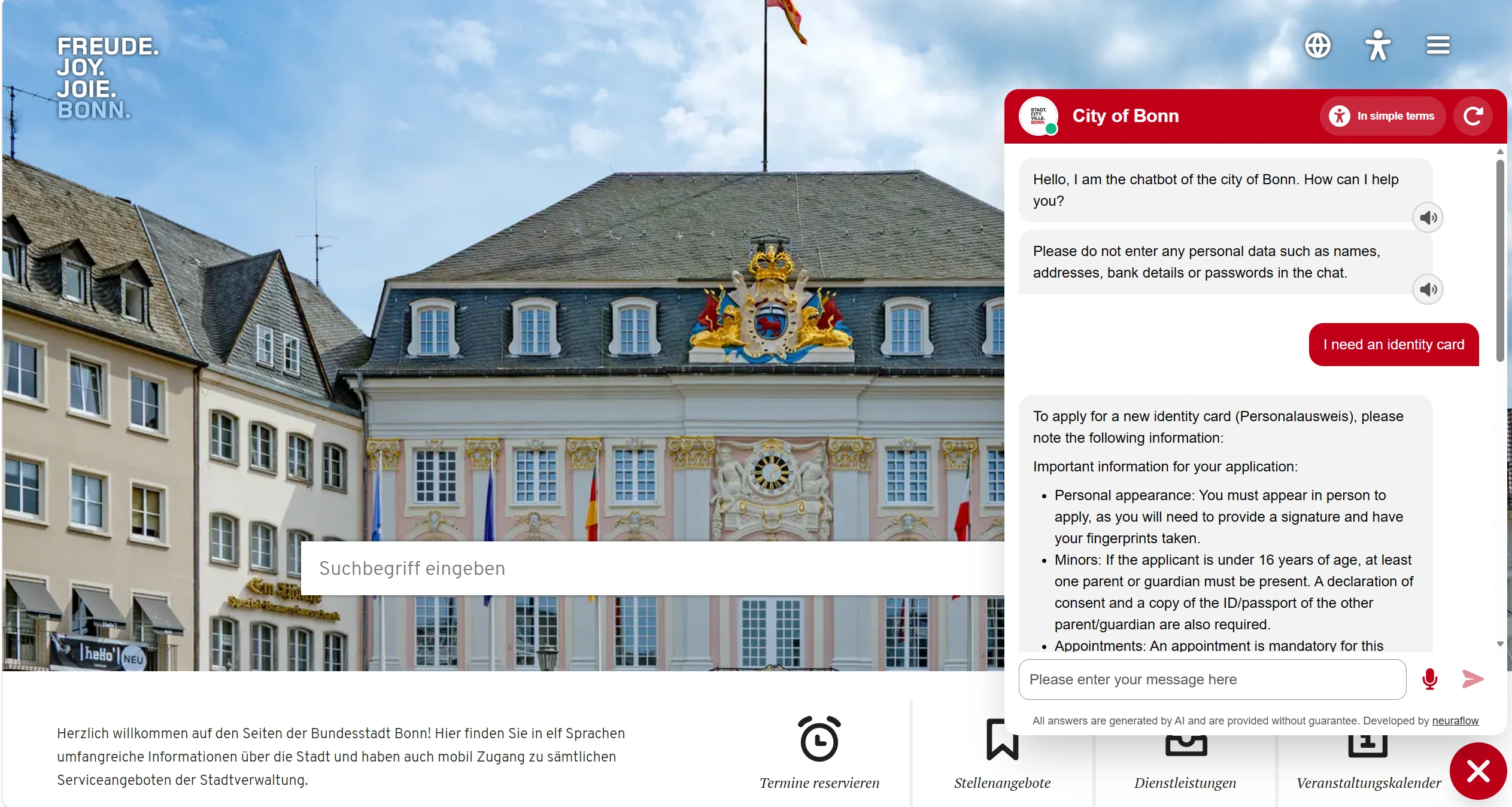 City of Bonn website open on a laptop with its red municipal AI assistant answering an identity-card question