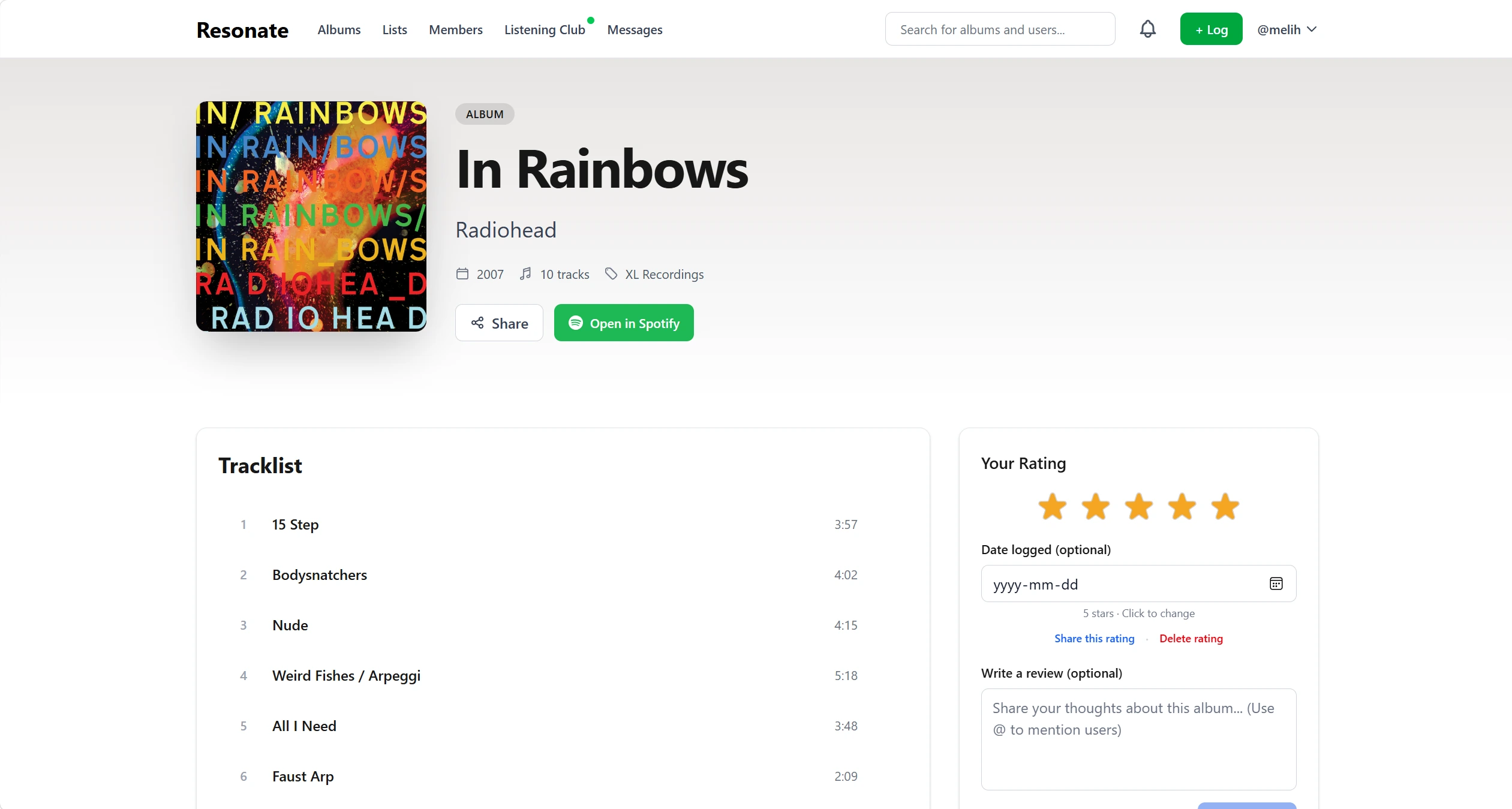 Resonate album page for In Rainbows with track data, rating controls and Spotify integration