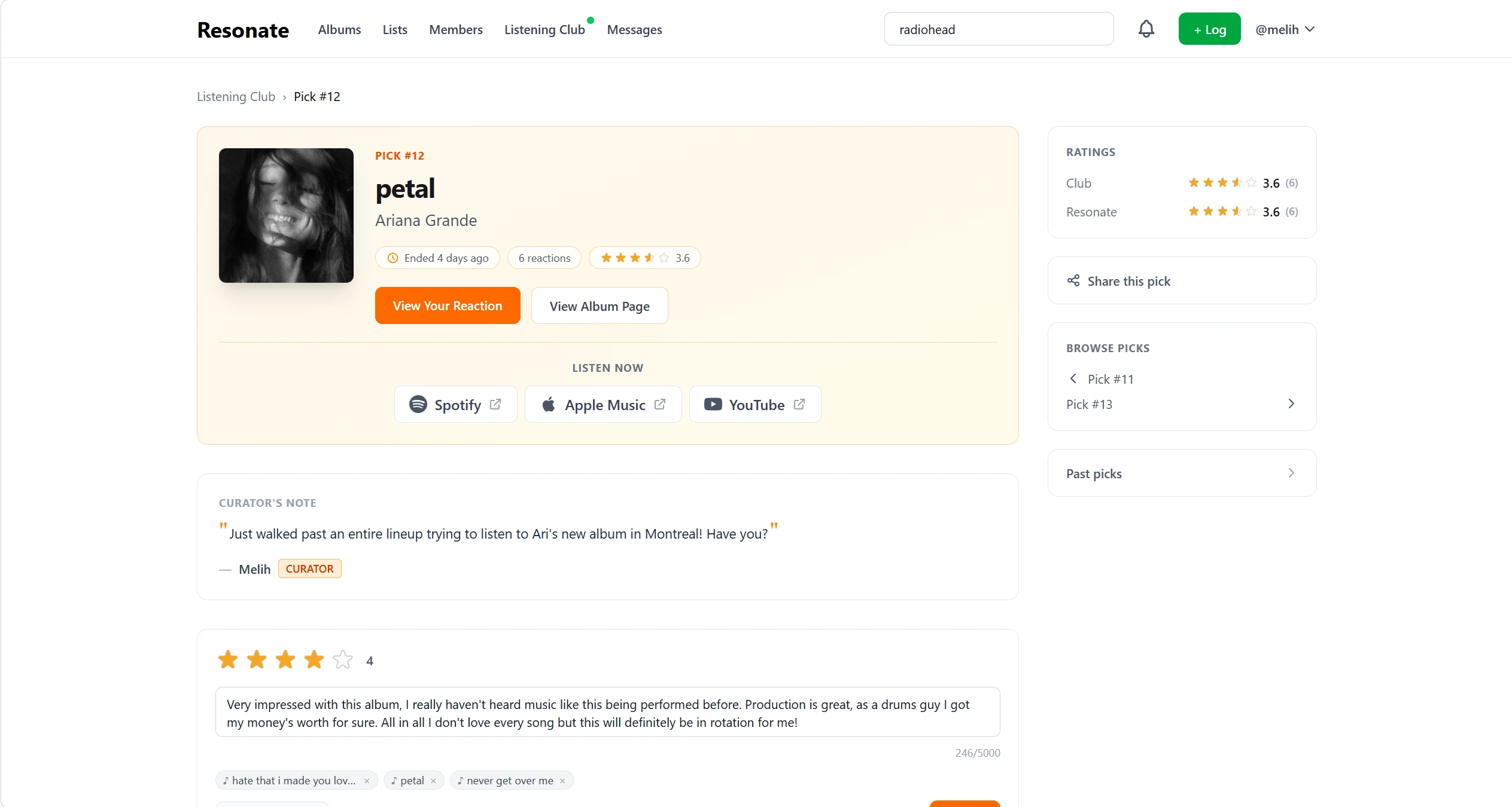 Resonate Listening Club pick page showing the shared album, ratings, reactions and curator note
