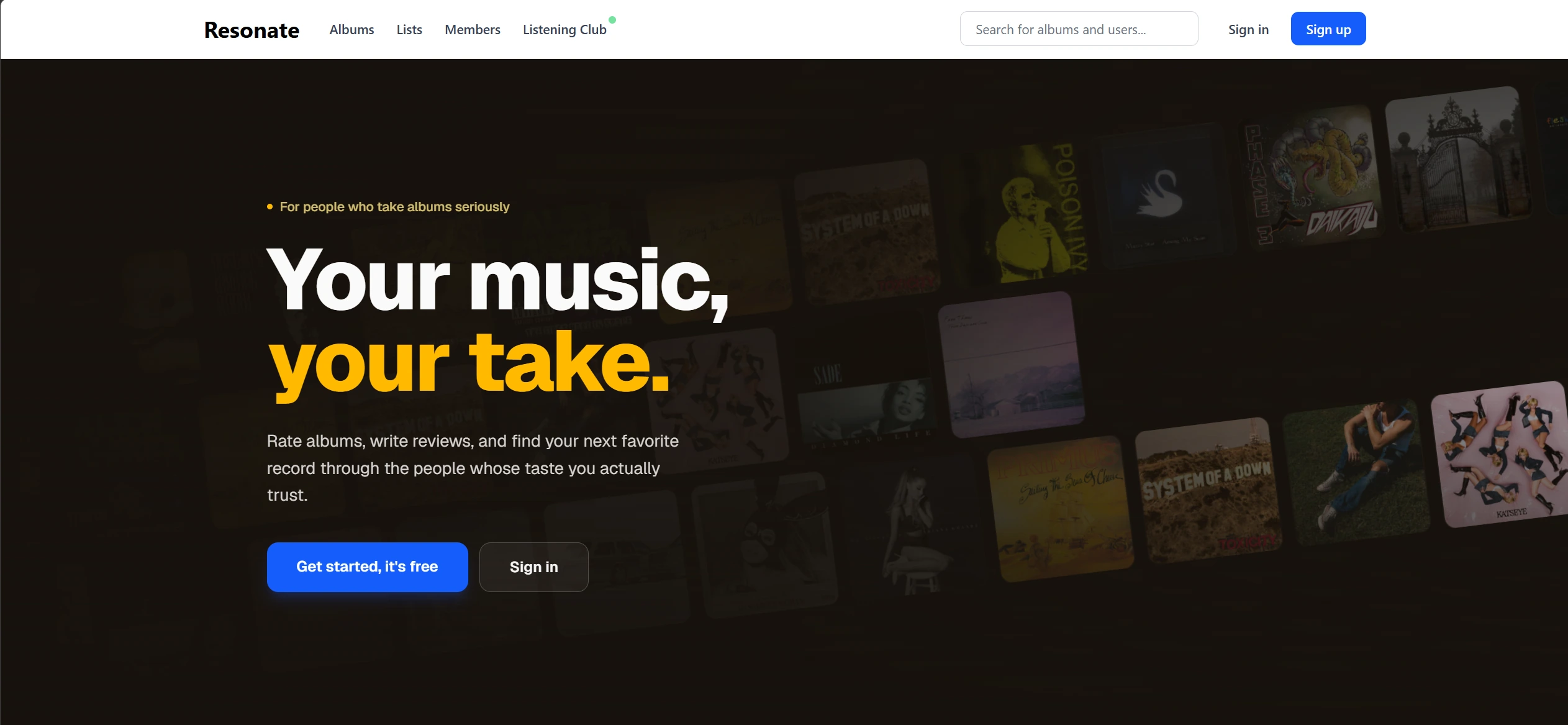 Resonate landing page with the headline Your music, your take and a wall of album covers