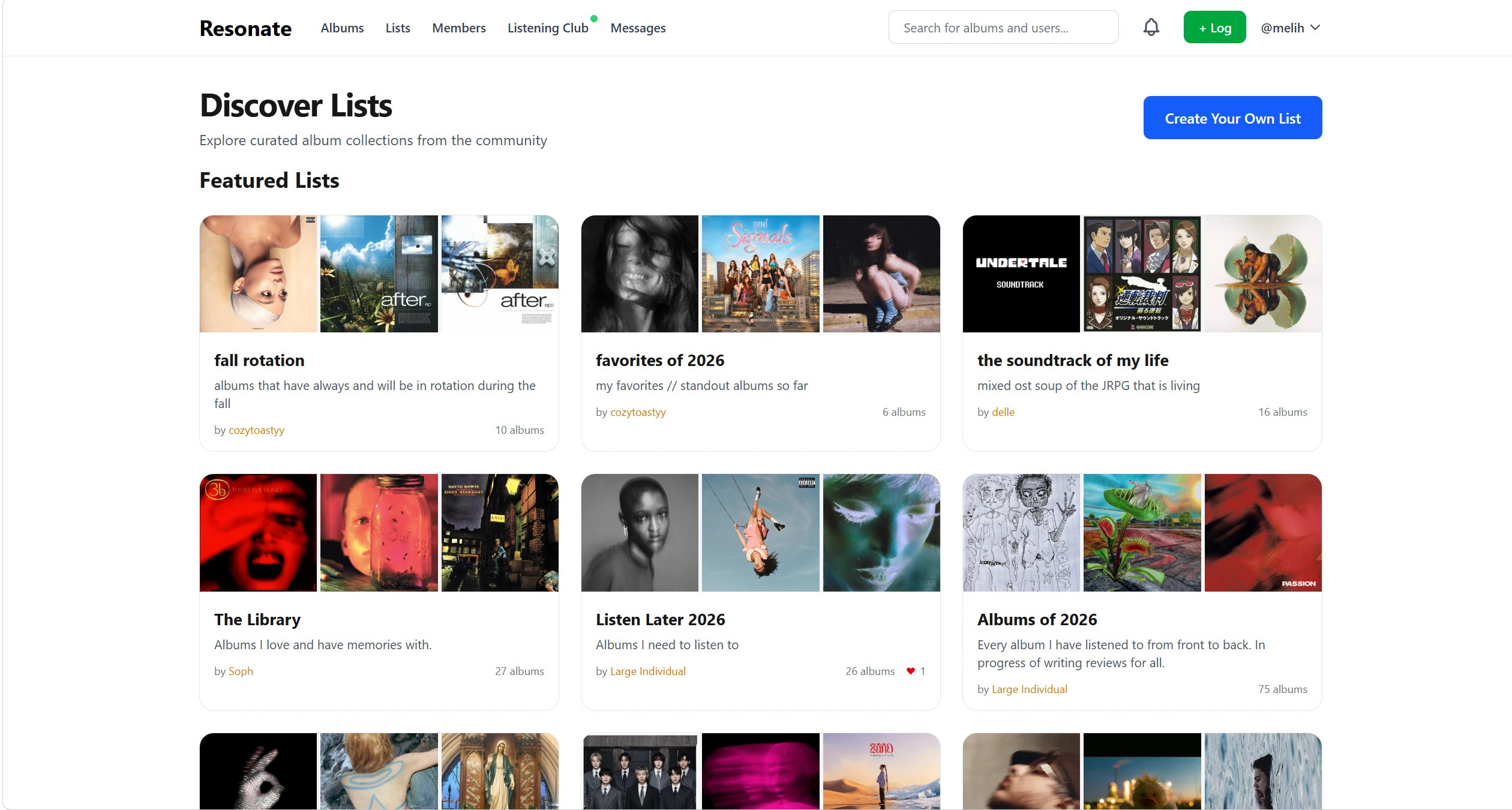 Resonate Discover Lists page showing community-made album collections