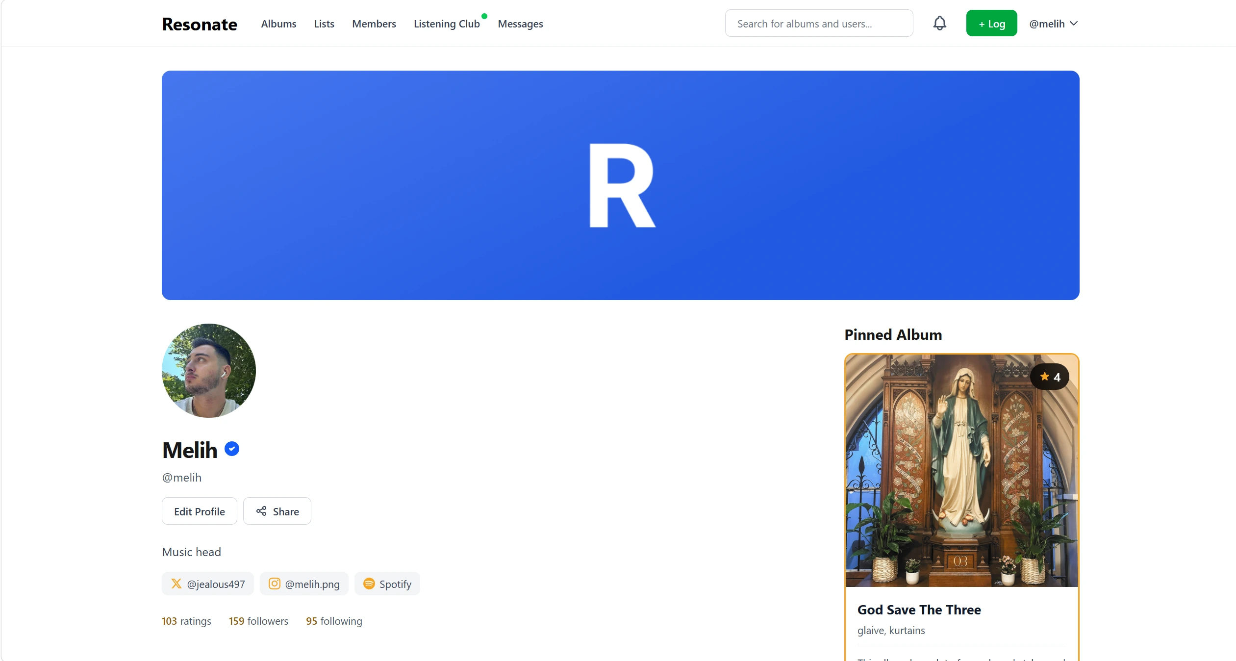 Resonate profile showing identity, social links, follower counts and a pinned album